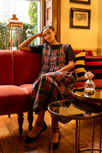 Linen Pinafore Dress in Black Stewart Tartan | Made in England | Justine Tabak 