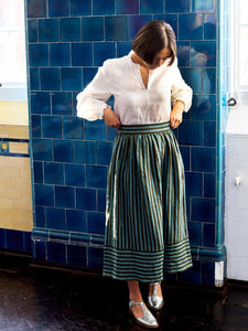 Bobbie Skirt in Aqua and Olive Stripe Irish Linen