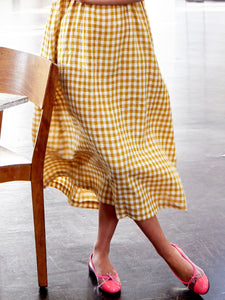 Short Sleeve Empire Line Dress in Yellow Gingham Linen | Made in England | Justine Tabak