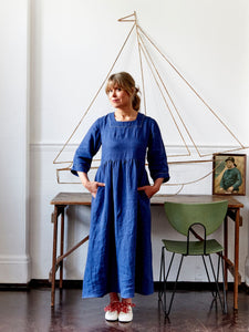 Mariner Dress in French Navy Linen Twill with Embroidery