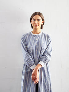 Didsbury Dress in Soft Blue Organic Cotton Seersucker Stripe