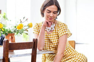 Short Sleeve Empire Line Dress in Yellow Gingham Linen | Made in England | Justine Tabak