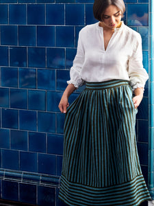 Bobbie Skirt in Aqua and Olive Stripe Irish Linen