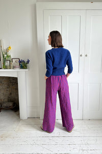 Pull-on trouser in Red and Blue Gingham Irish Linen | Made in England | Justine  Tabak