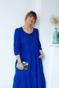 Tiered Midi Dress in Blue Linen | Made In England | Justine Tabak