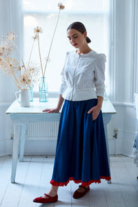 Swishy Ruffle Skirt in Denim with Red Linen Trim