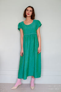 Short Sleeve Empire Line Dress in Green Linen | Made in England | Justine Tabak