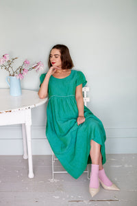 Short Sleeve Empire Line Dress in Green Linen | Made in England | Justine Tabak