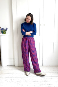 Pull-on trouser in Red and Blue Gingham Irish Linen | Made in England | Justine  Tabak