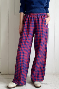 Pull-on trouser in Red and Blue Gingham Irish Linen | Made in England | Justine  Tabak