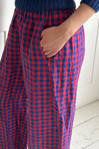 Pull-on trouser in Red and Blue Gingham Irish Linen | Made in England | Justine  Tabak