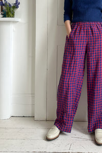 Pull-on trouser in Red and Blue Gingham Irish Linen | Made in England | Justine  Tabak