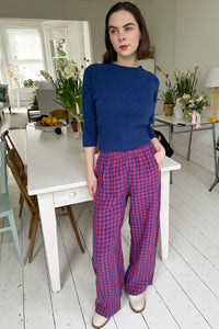 Pull-on trouser in Red and Blue Gingham Irish Linen | Made in England | Justine  Tabak