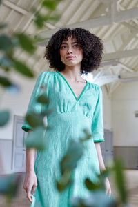 Green linen, short sleeve summer dress