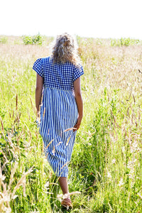 Stepney Dress in Blue and White Patchwork Linen