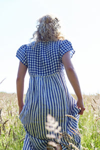 Stepney Dress in Blue and White Patchwork Linen