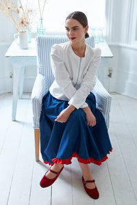 Swishy Ruffle Skirt in Denim with Red Linen Trim