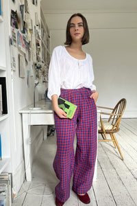 Pull-on trouser in Red and Blue Gingham Irish Linen | Made in England | Justine  Tabak