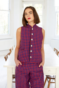 Pull-on trouser in Red and Blue Gingham Irish Linen | Made in England | Justine  Tabak