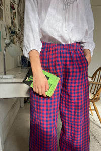 Pull-on trouser in Red and Blue Gingham Irish Linen | Made in England | Justine  Tabak