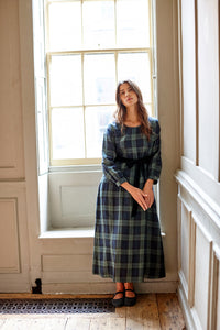 Black and green tartan linen easy fit dress. 