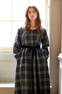 Black and green tartan linen easy fit dress. 