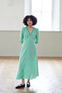 Green linen, short sleeve summer dress