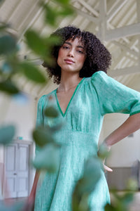 Green linen, short sleeve summer dress