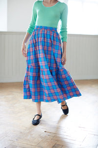 Blue check, ruffle hem maxi elasticated skirt. Made in England