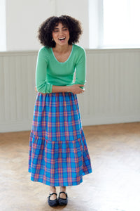 Blue check, ruffle hem maxi elasticated skirt. Made in England