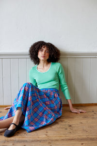 Blue check, ruffle hem maxi elasticated skirt. Made in England